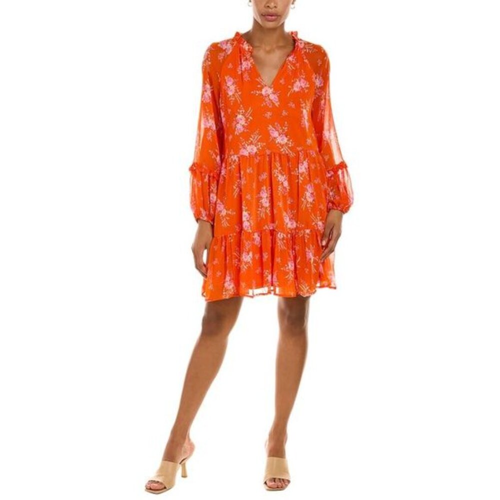 Vince Camuto Orange Tiered Chiffon Balloon Sleeve Baby-doll Mini Dress